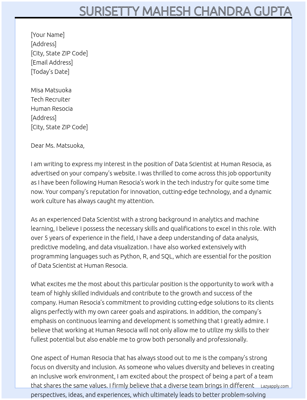 Data Scientist At Human Resocia Cover Letter