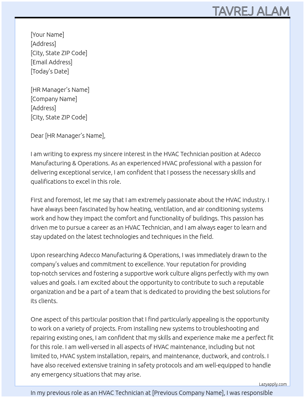 HVAC Technician At Adecco Manufacturing & Operations Cover Letter