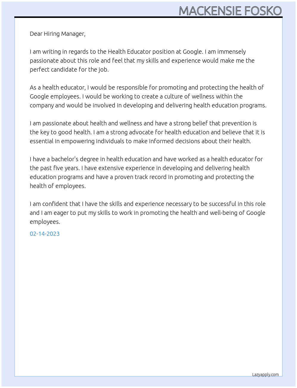 Health Educator At Google Cover Letter