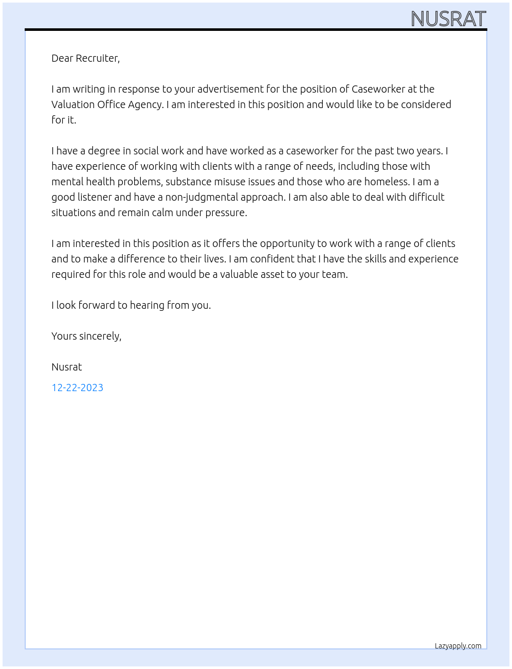 Caseworker At Valuation Office Agency, Uk Government Cover Letter