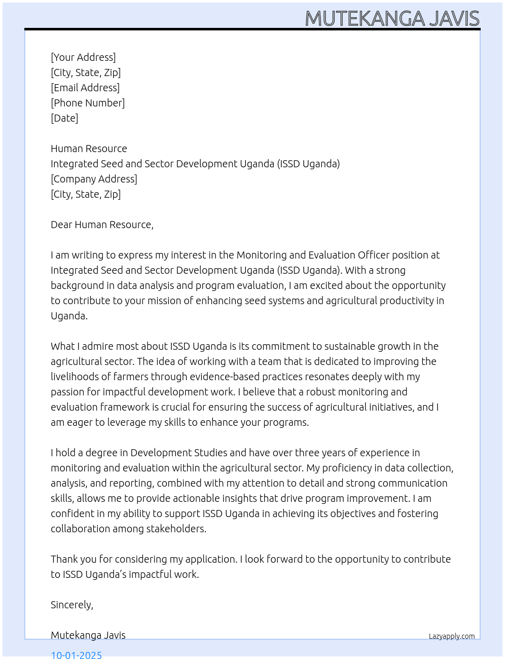 Monitoring and Evaluation Officer At Integrated Seed and Sector Development Uganda (ISSD Uganda) Cover Letter