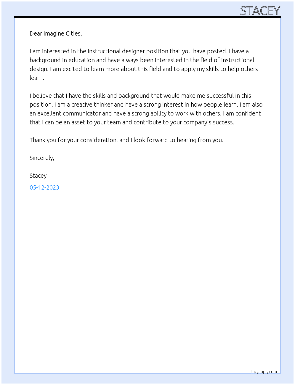 instructional designer At Imagine Cities Cover Letter