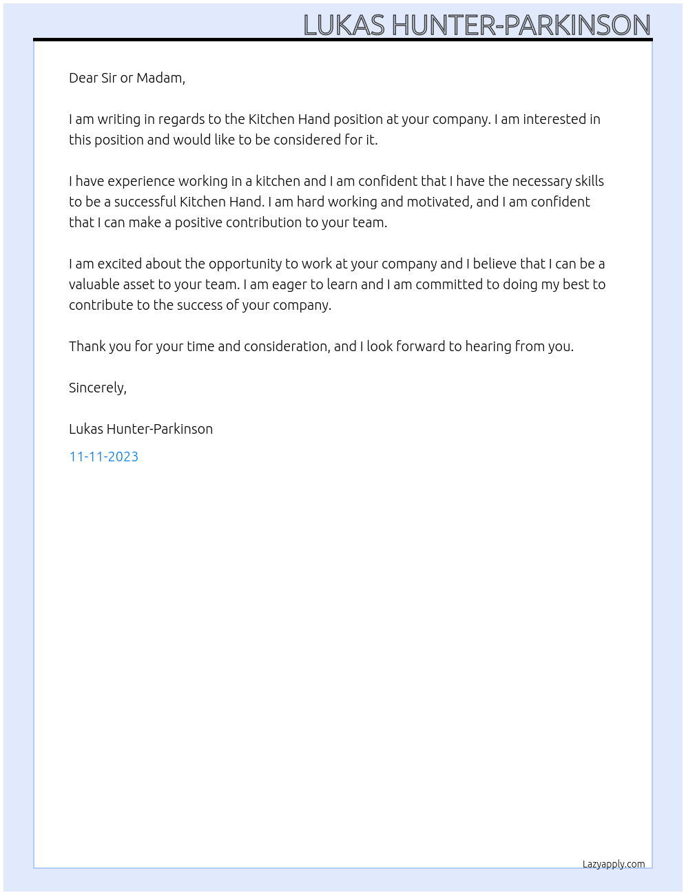 Kitchen Hand At ??? Cover Letter