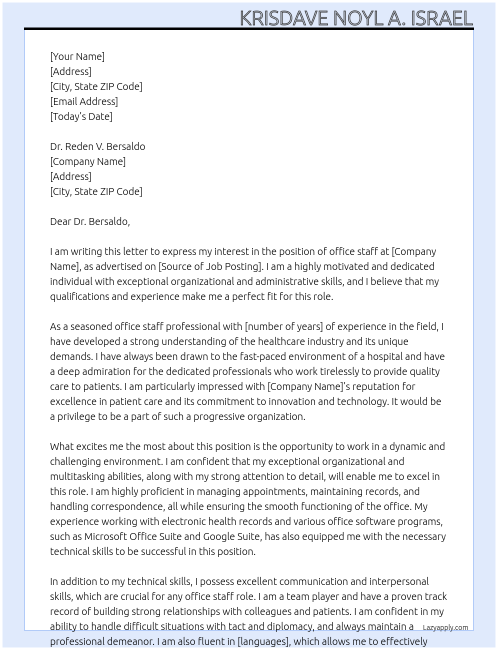 office staff At hospital Cover Letter