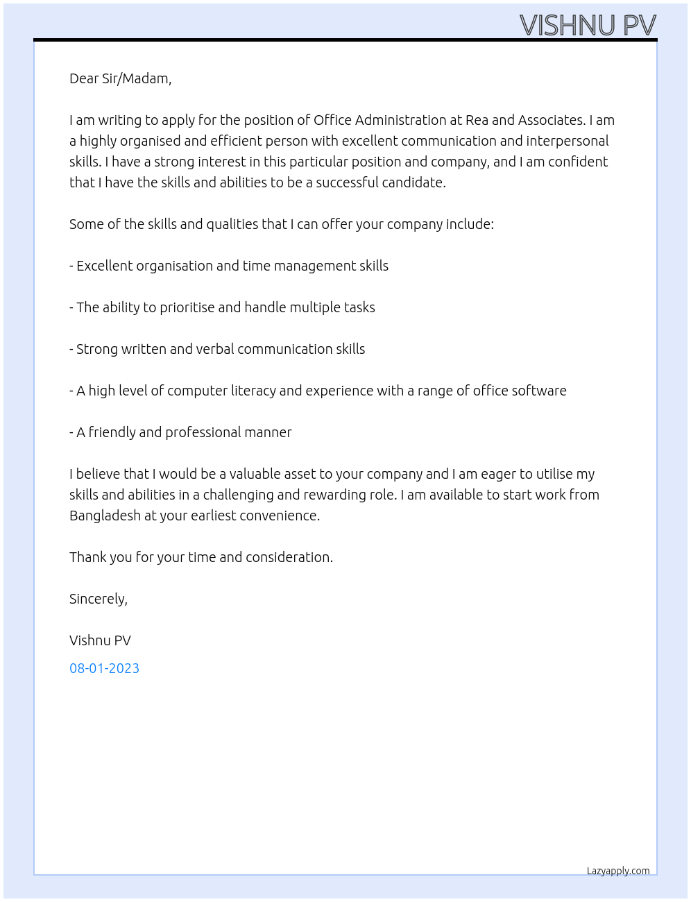 Office Administration  At Rea and associate Cover Letter