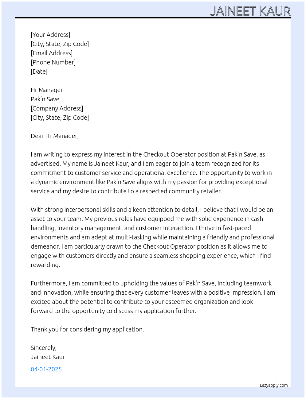 Checkout operator At Pak’n Save Cover Letter