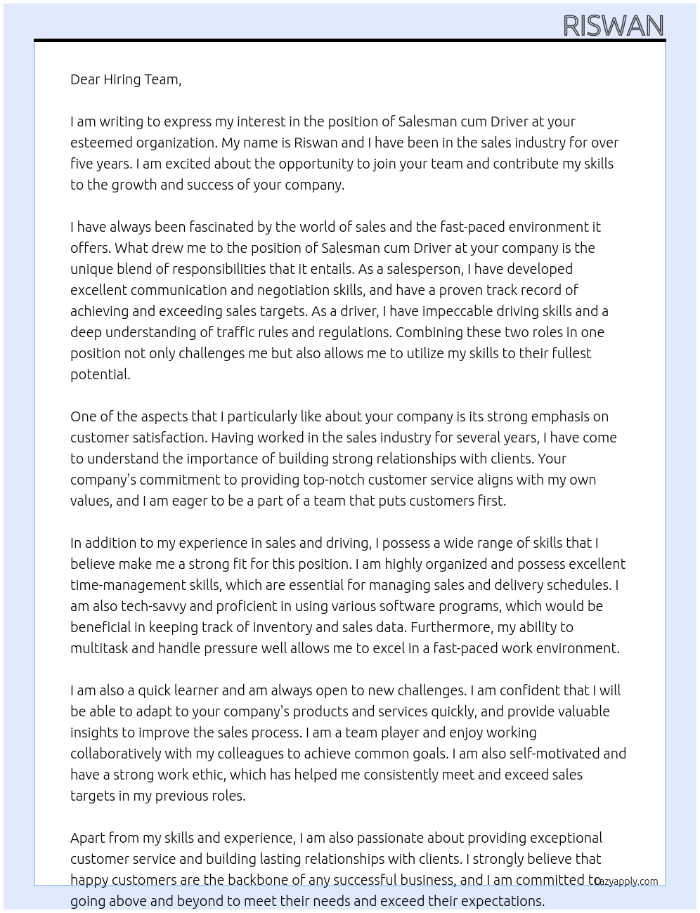 Salesman cum driver At Any  Cover Letter