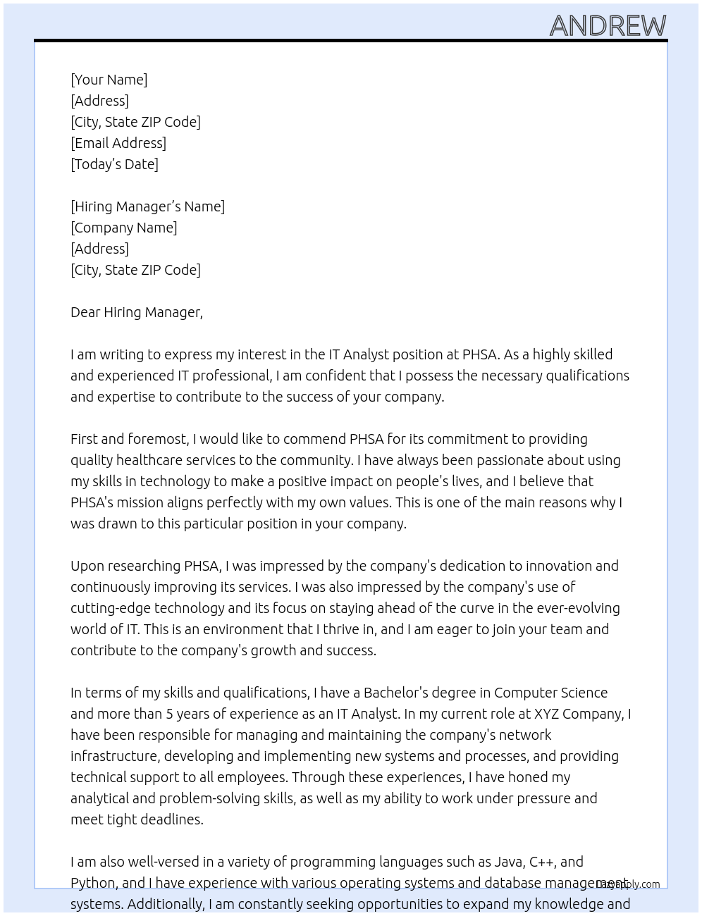 IT Analyst At PHSA Cover Letter