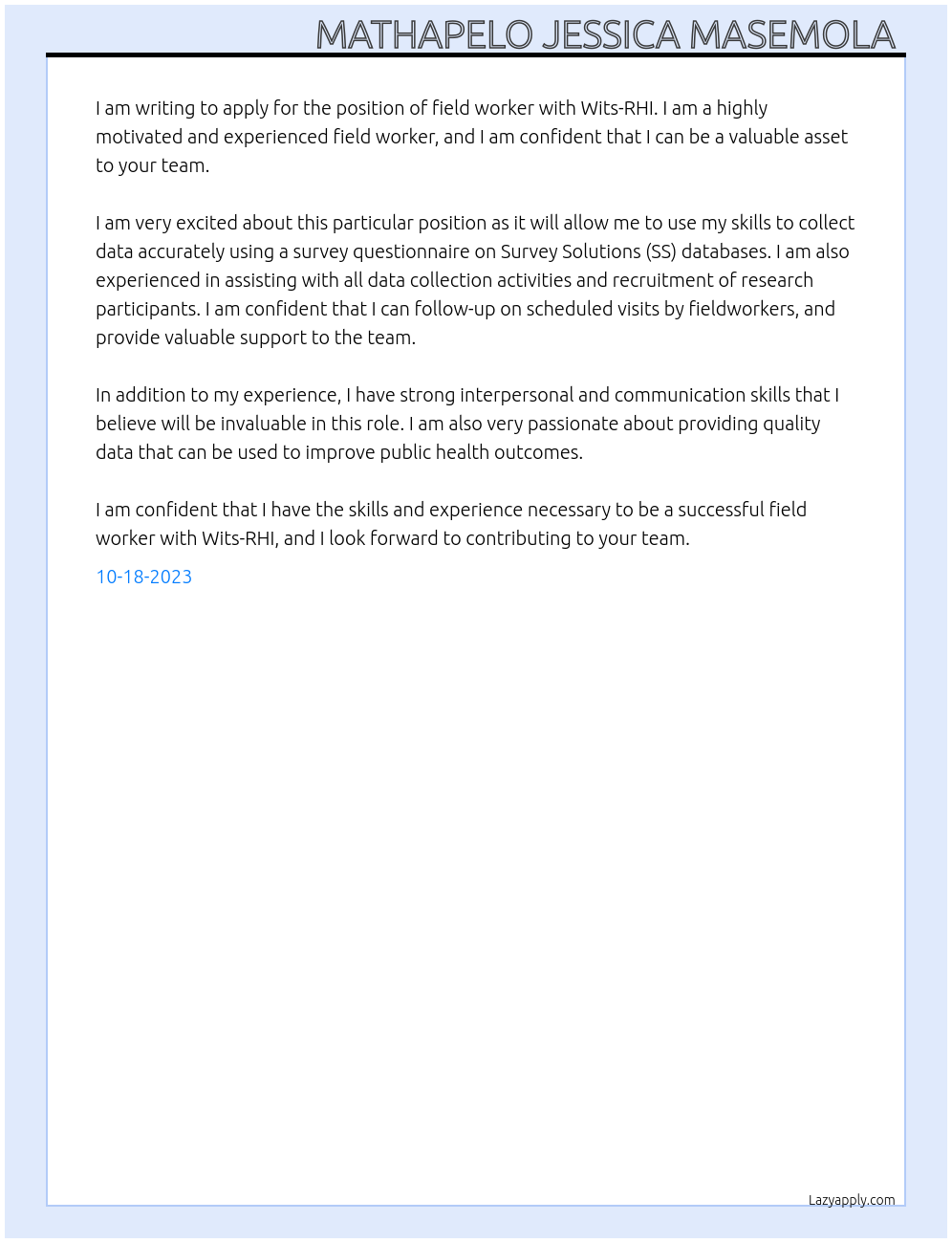 field worker At wits-rhi Cover Letter