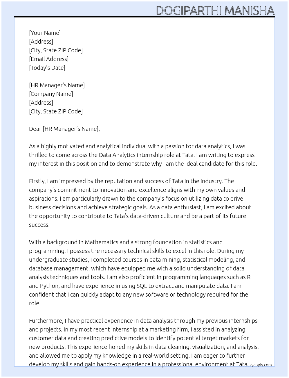 data analytics At Tata Cover Letter