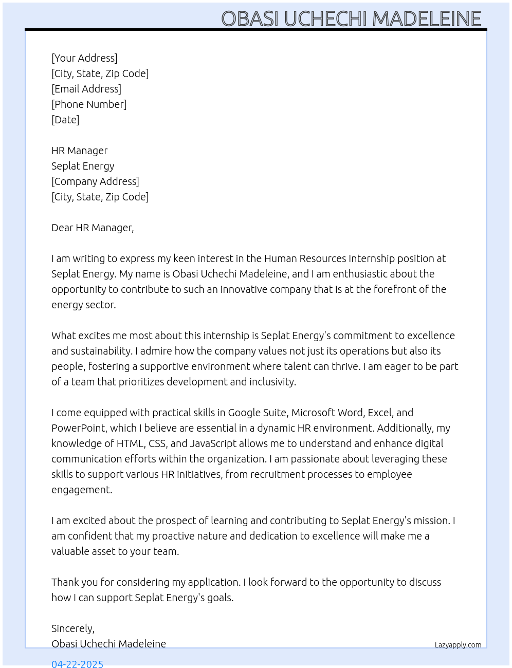 Cover letter for human resources - LazyApply