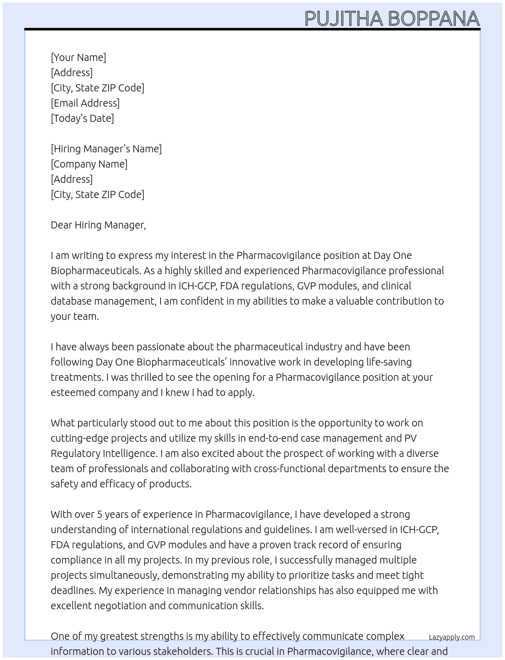 Pharmacovigilance At Day One Biopharmaceuticals Cover Letter