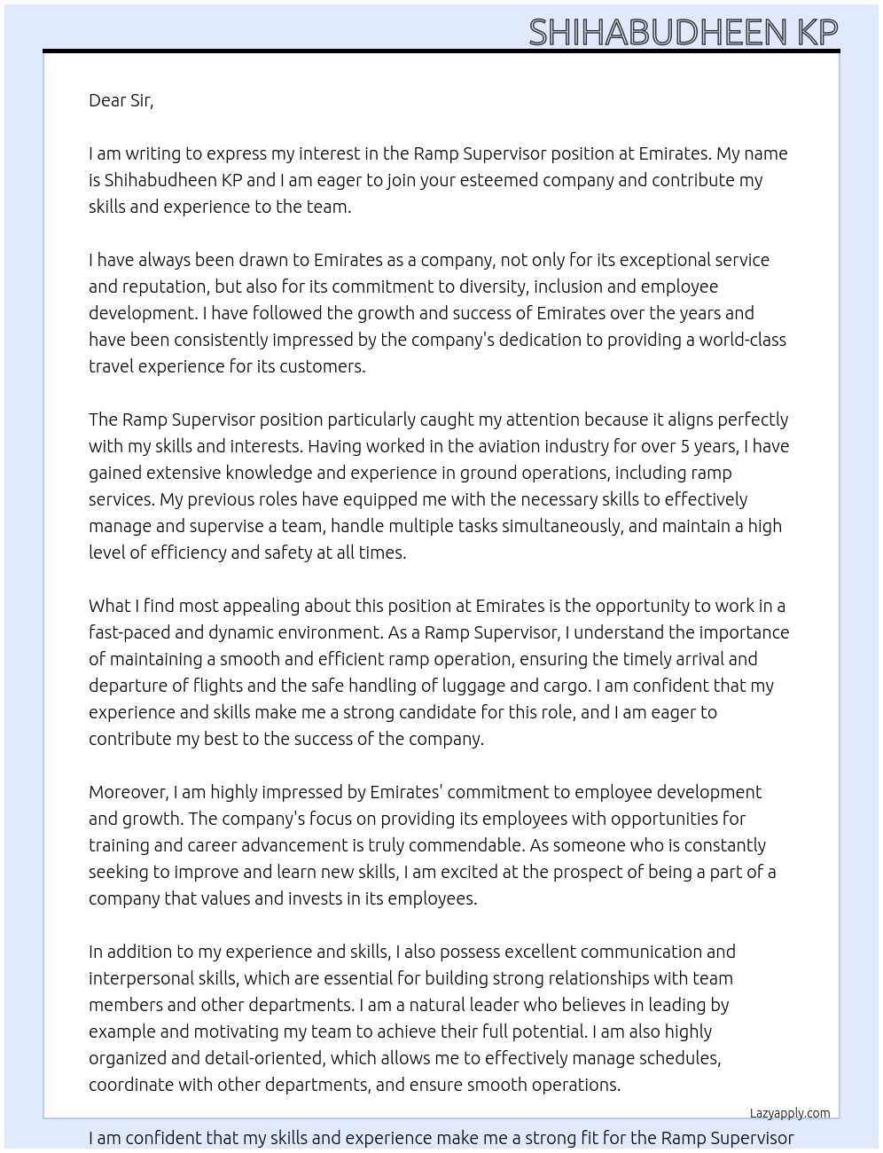 Ramp supervisor  At EMIRATES Cover Letter