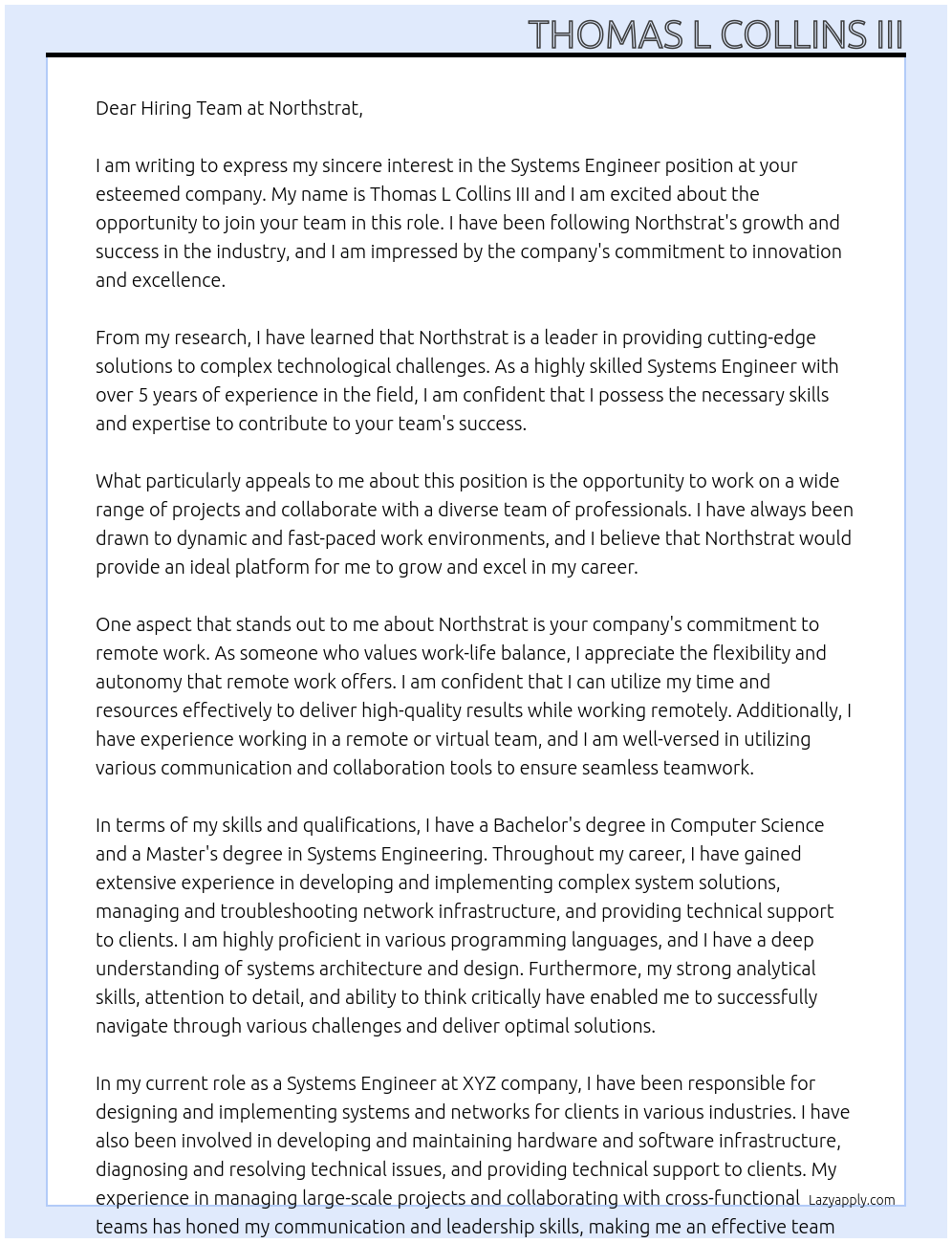 Systems Engineer At Northstrat Cover Letter