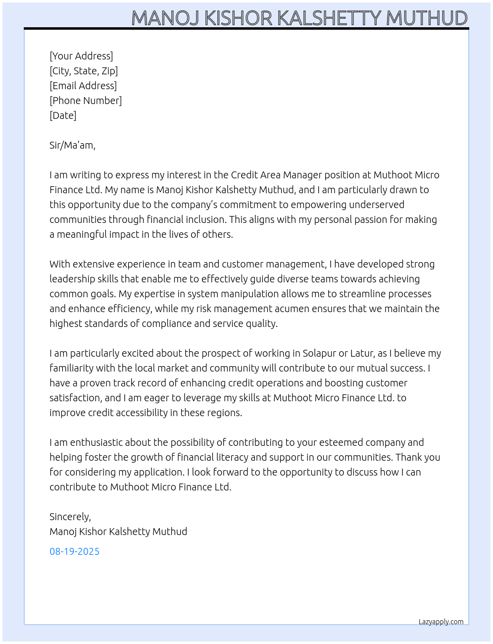 Cover letter for credit area manenger - LazyApply