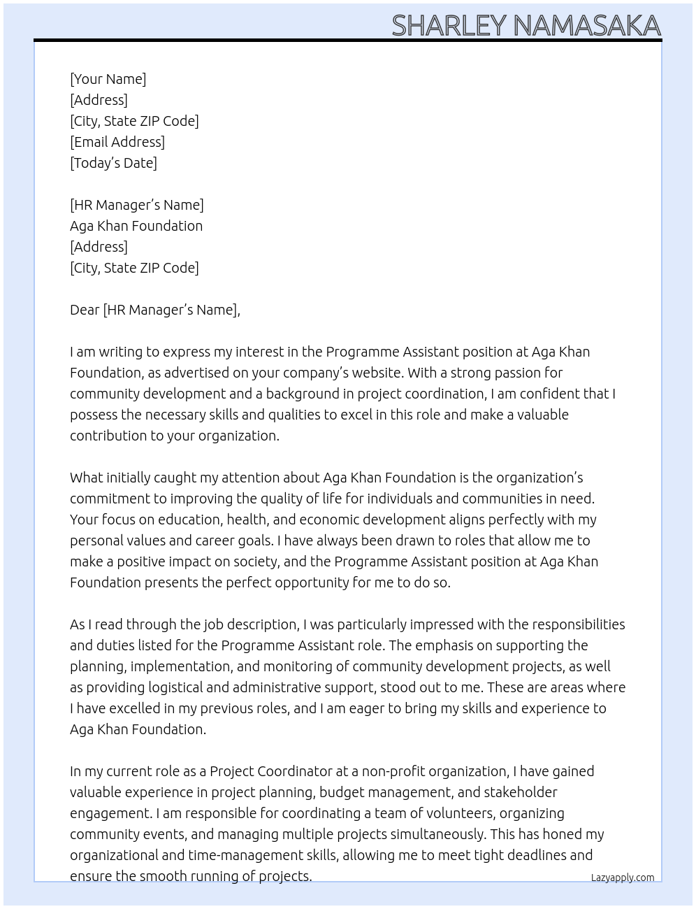 Programme Assistant At Aga Khan Foundation Cover Letter