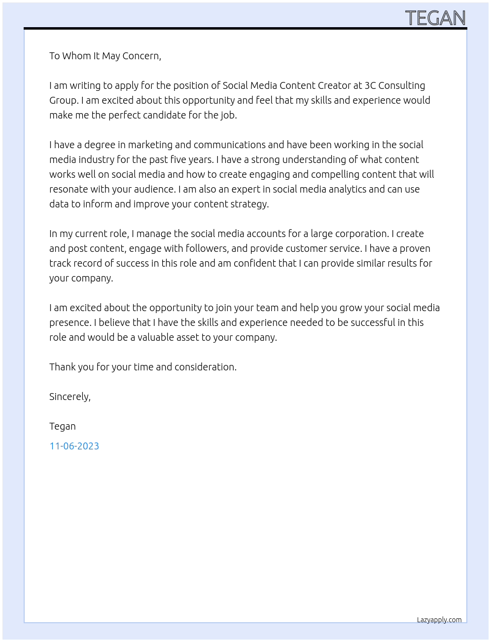 Social Media Content Creator  At 3C Consulting Group Cover Letter