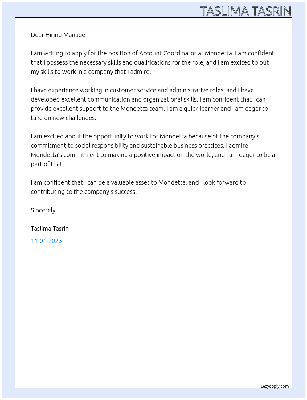 Account Coordinator At Mondetta Cover Letter
