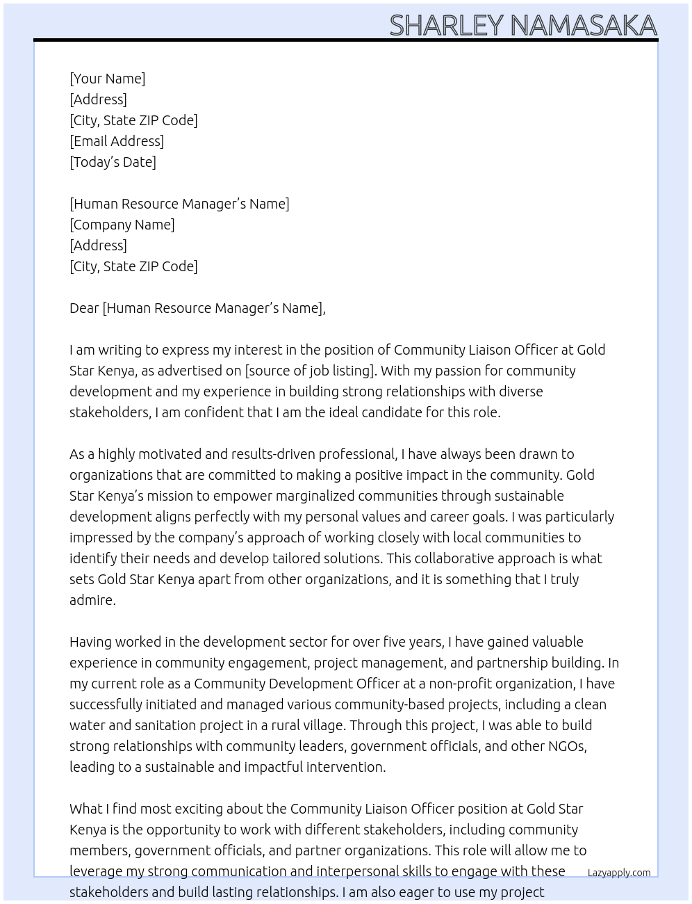 Community Liason Officer At Gold star Kenya Cover Letter