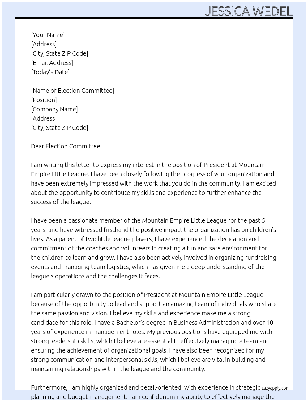 President At Mountain Empire Little League Cover Letter