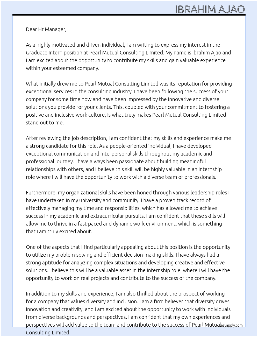 Graduate Intern At Pearl Mutual Consulting Limited Cover Letter