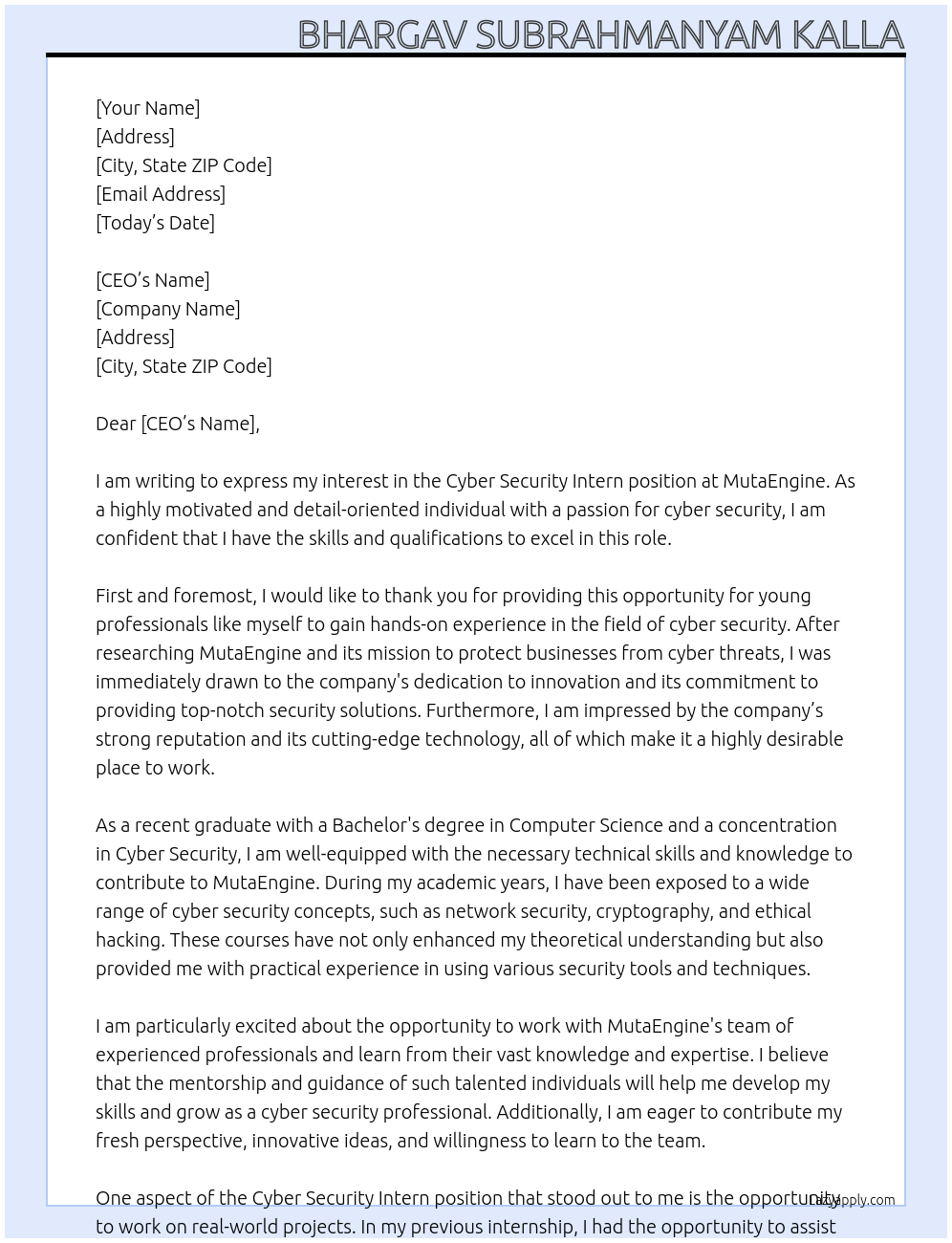 CYBER SECURITY INTERN At MutaEngine Cover Letter