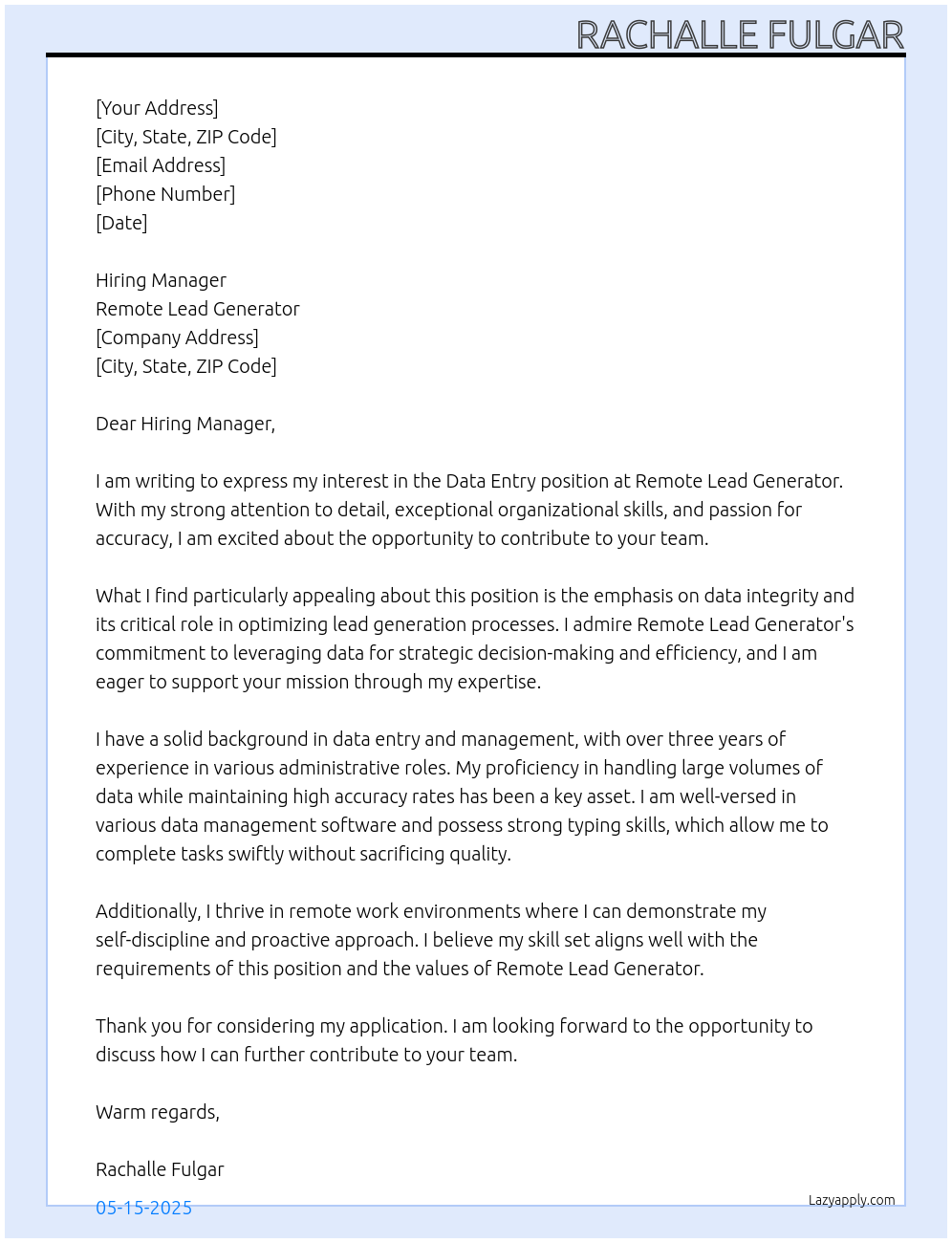 Data Entry At Remote Lead Generator Cover Letter