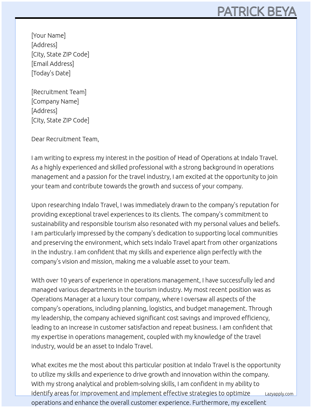 Head of Operations At Indalo Travel Cover Letter