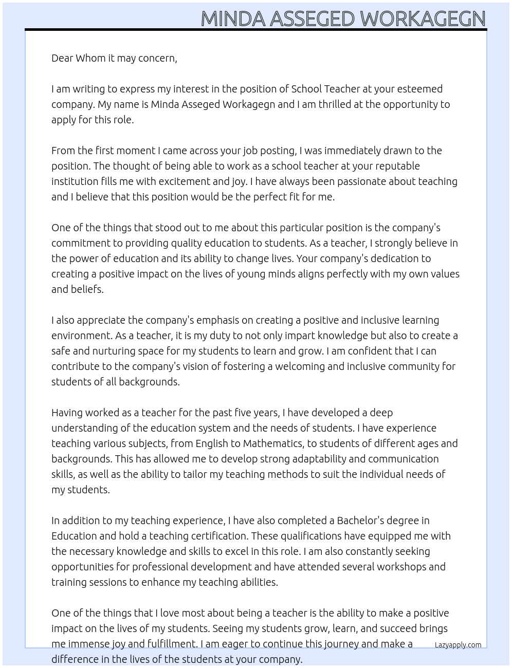 School teacher At Whom it may concern  Cover Letter