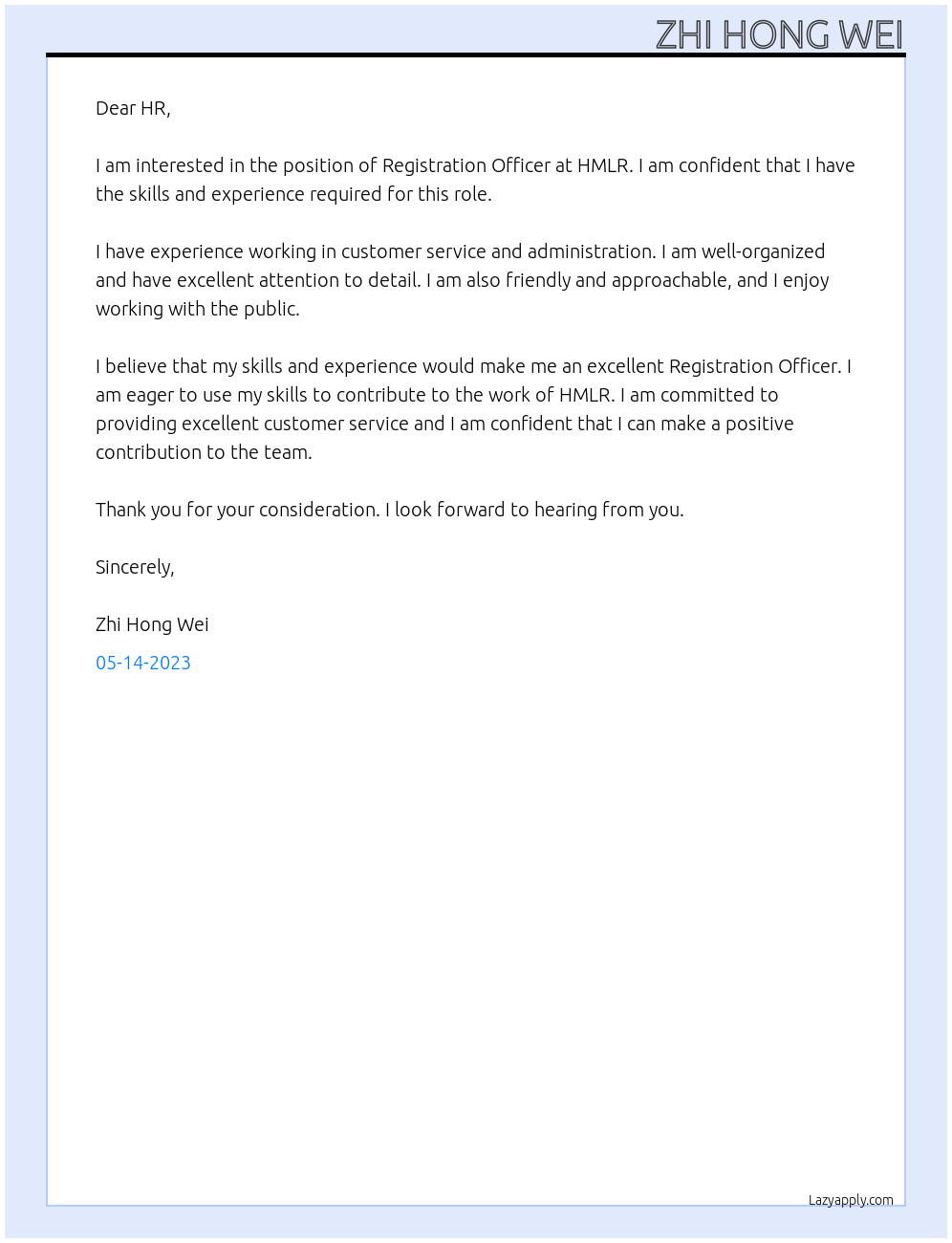 Registration Officer At HMLR Cover Letter