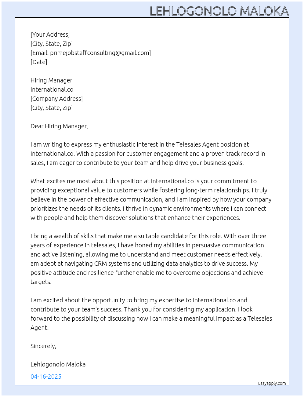 telesales agent At international.co Cover Letter