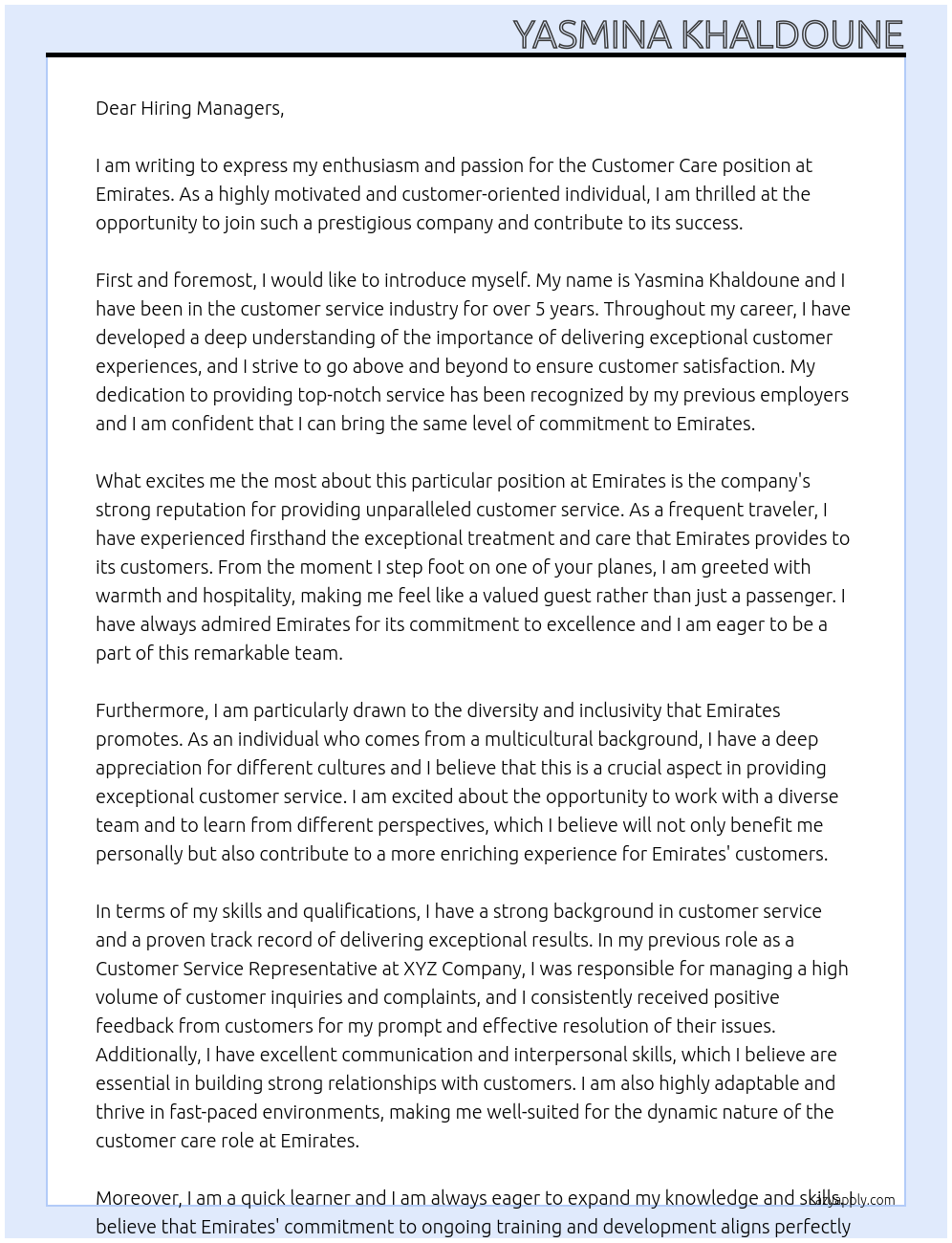 Customer care At Emirates Cover Letter