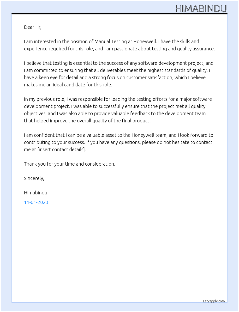 Manual Testing At Honeywell Cover Letter