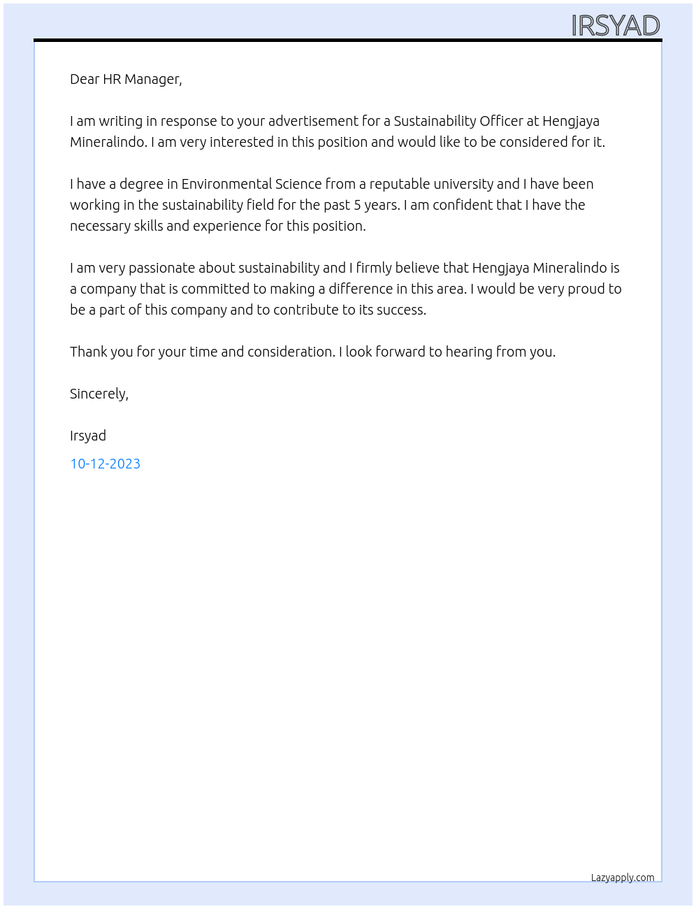 sustainability officer At Hengjaya Mineralindo Cover Letter