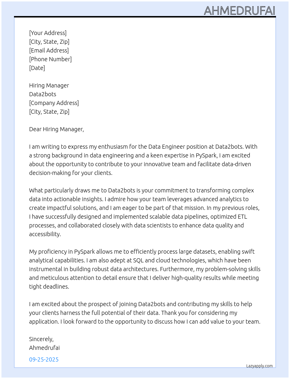 Data Engineer At Data2bots Cover Letter