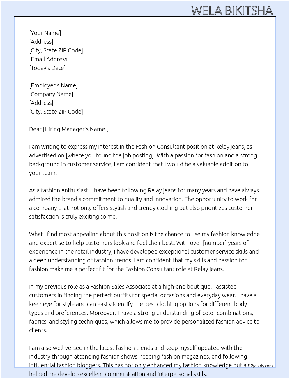 Fashion consultant At Relay jeans Cover Letter