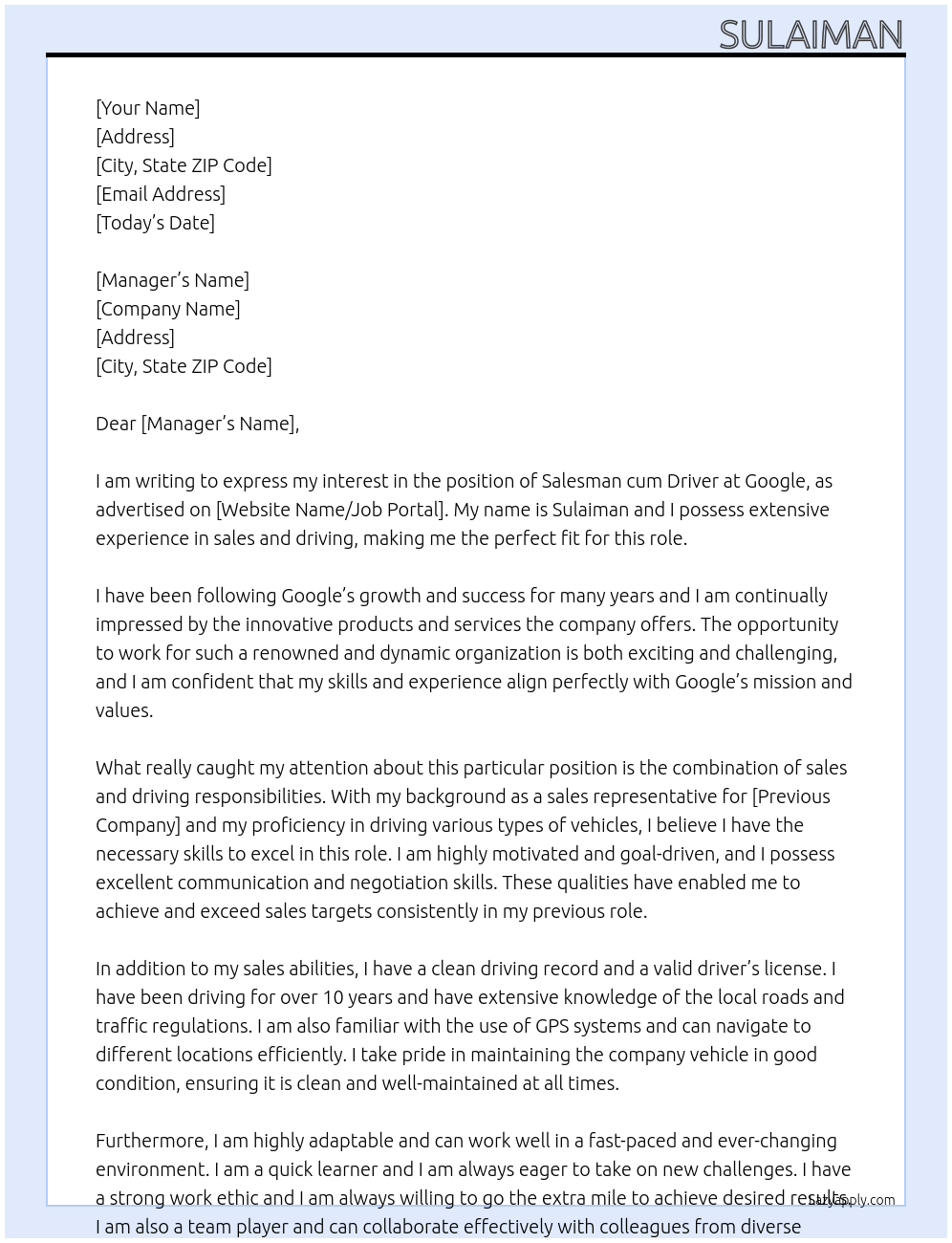 salesman cum driver  At google Cover Letter