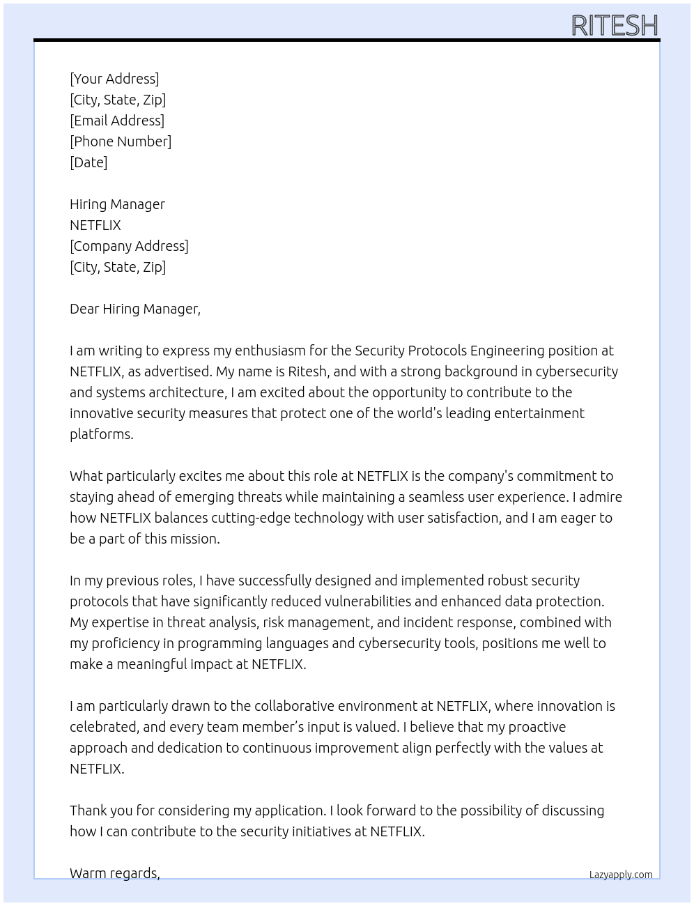 Security Protocols Engineering At NETFLIX Cover Letter