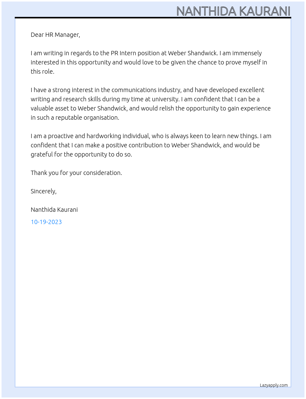 PR Intern At Weber Shandwick Cover Letter