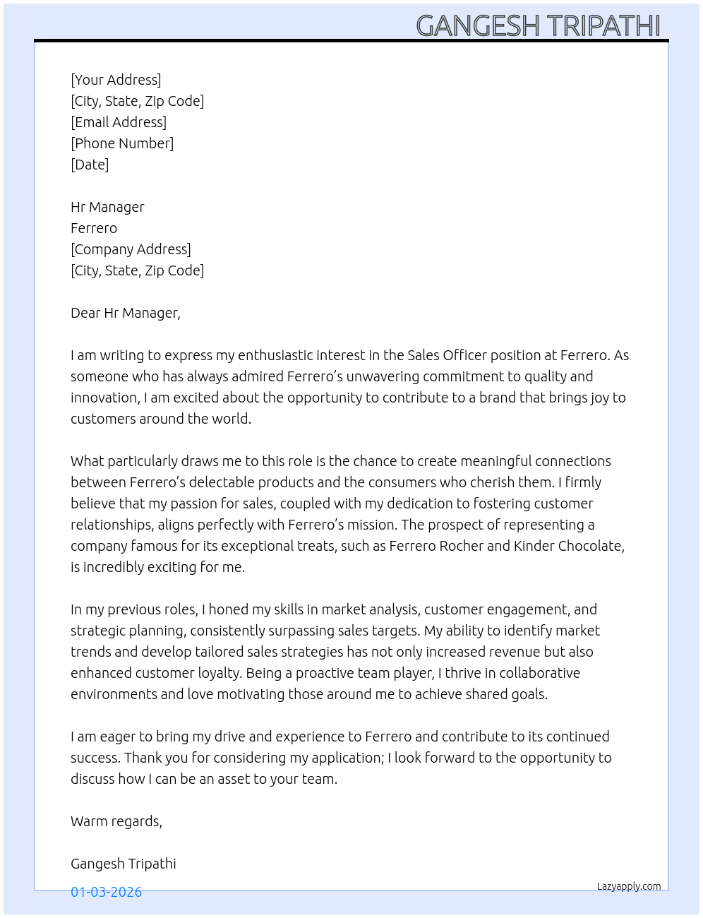 Sales officer At Ferrero Cover Letter