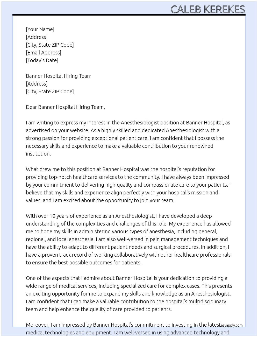 Cover letter for anesthesiologist - LazyApply