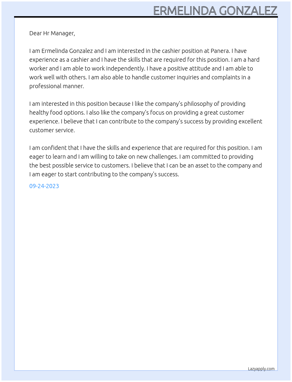 Cashier At Panera Cover Letter