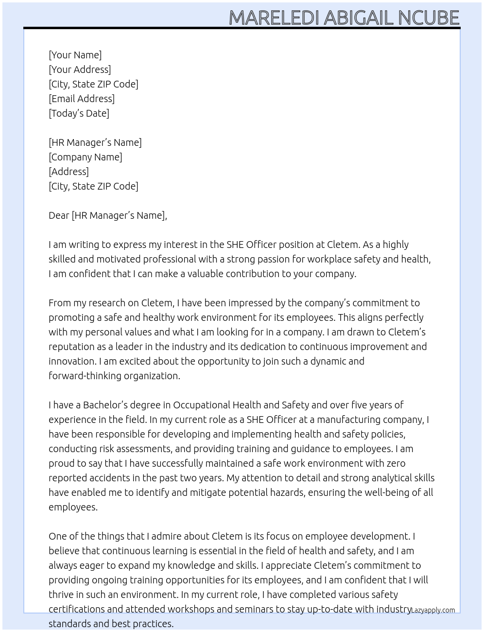 SHE Officer At Cletem Cover Letter