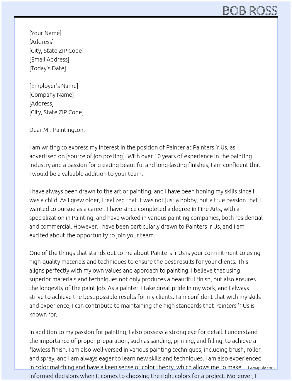 Painter At Painters 'r Us Cover Letter