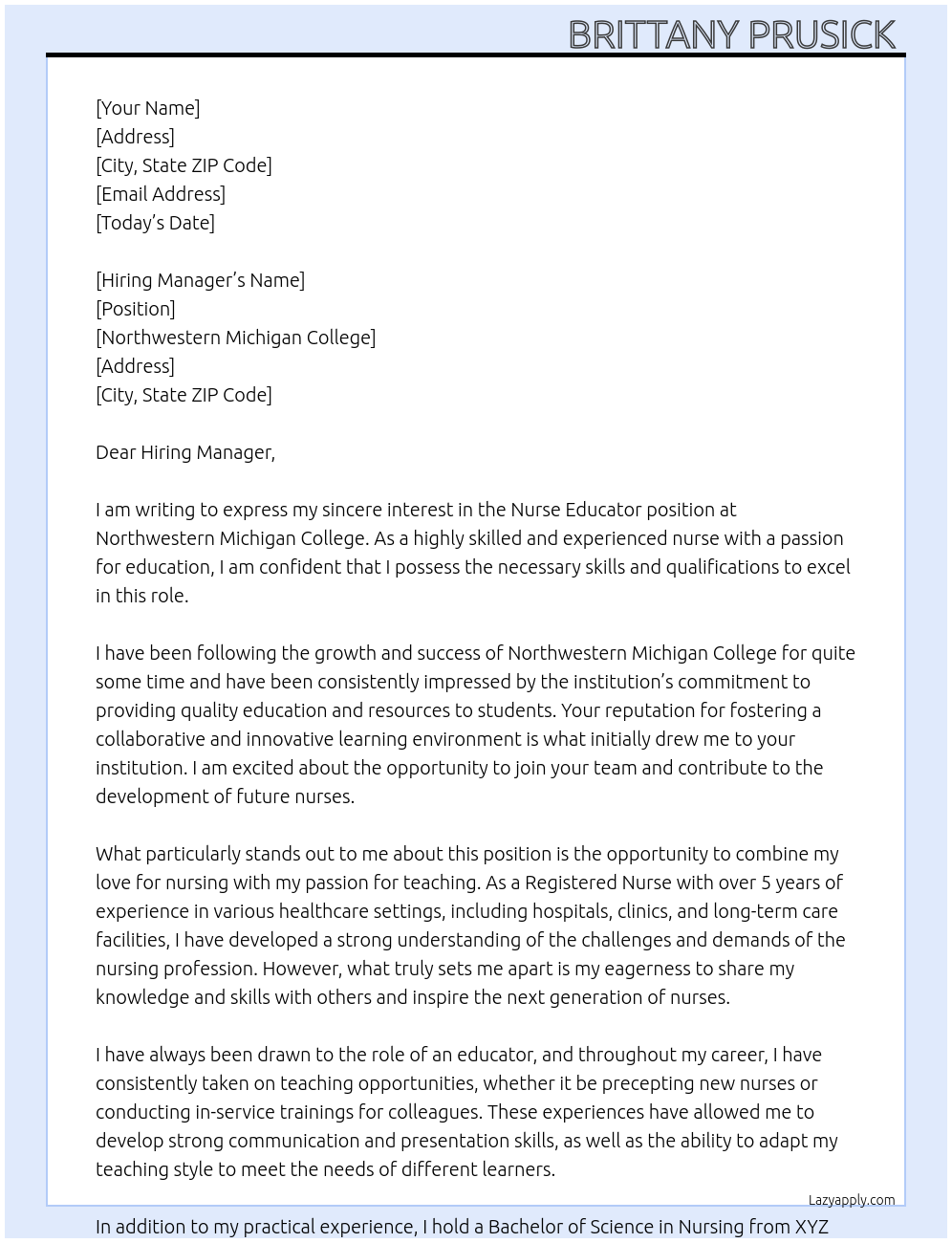 Nurse Educator  At Northwestern Michigan College  Cover Letter