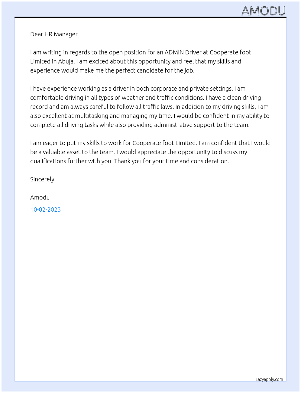 ADMIN Driver  At Cooperate foot limited  Cover Letter