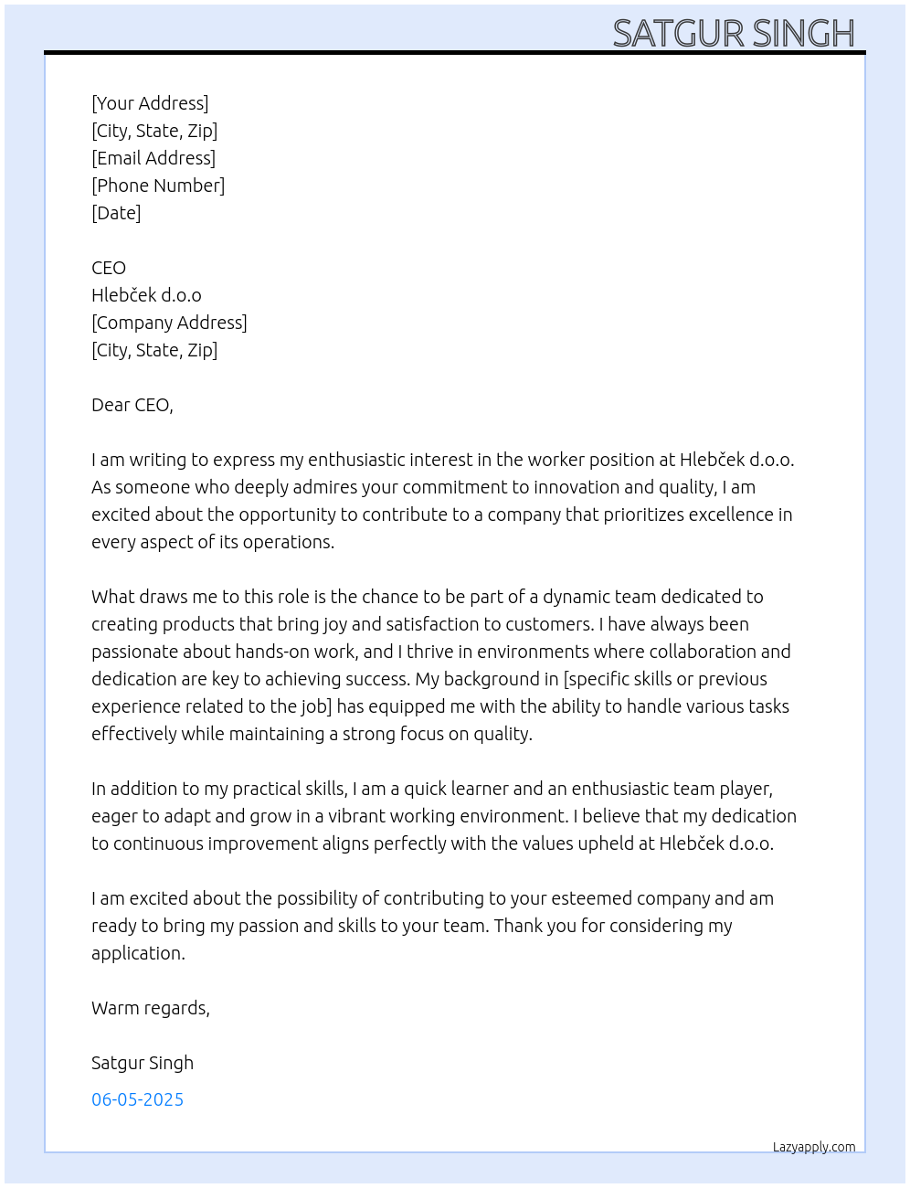 worker At Hlebček d.o.o Cover Letter