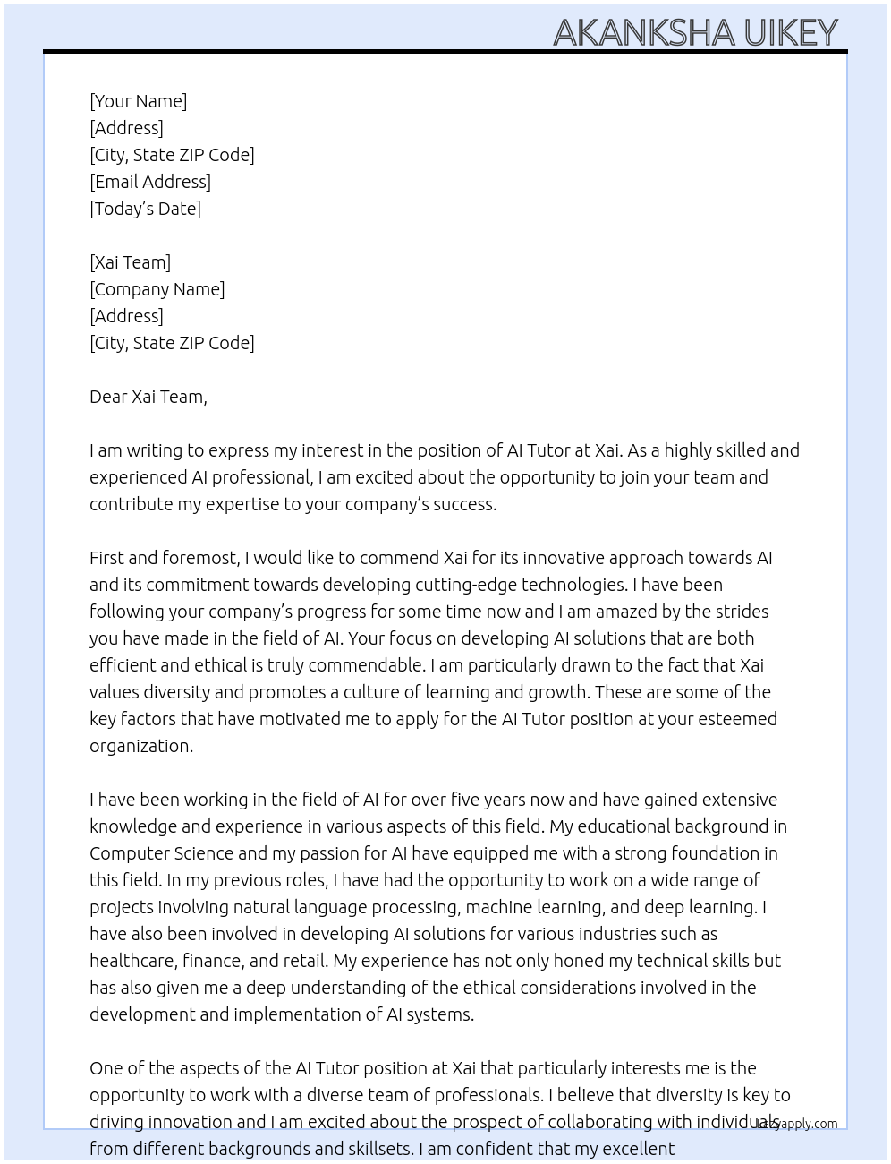 AI tutor At Xai Cover Letter