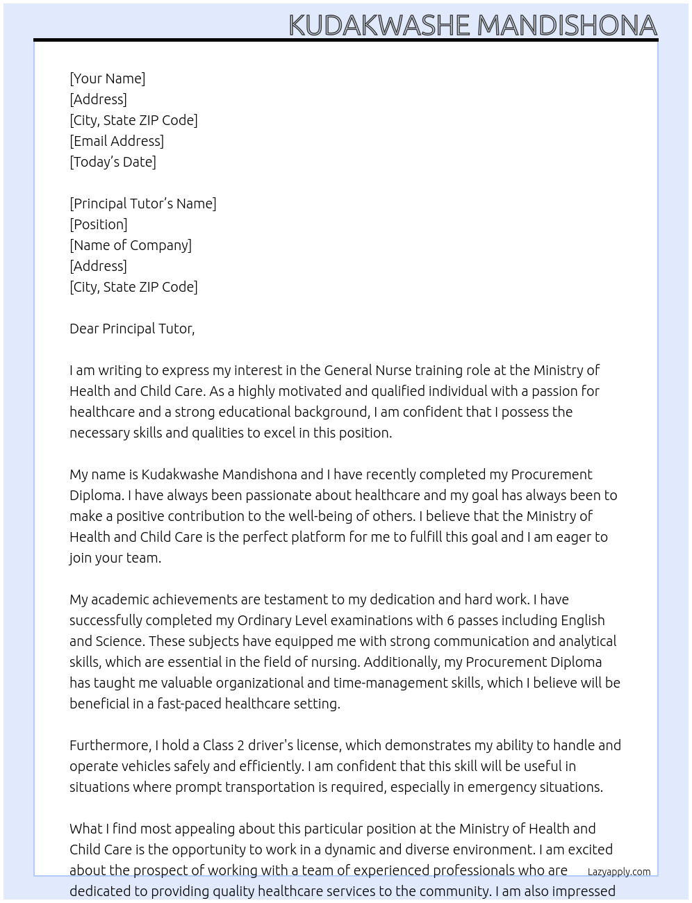 general nurse At ministry of health and child care Cover Letter