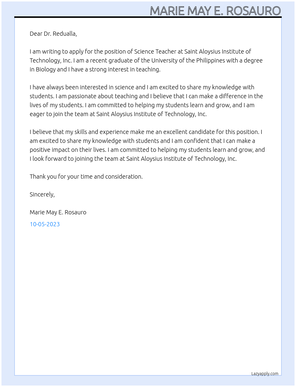 Science Teacher At Saint Aloysius Institute of Technology, Inc. Cover Letter